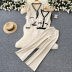 Color-blocking Cardigan & Vest & Trousers Knitted 3Pcs