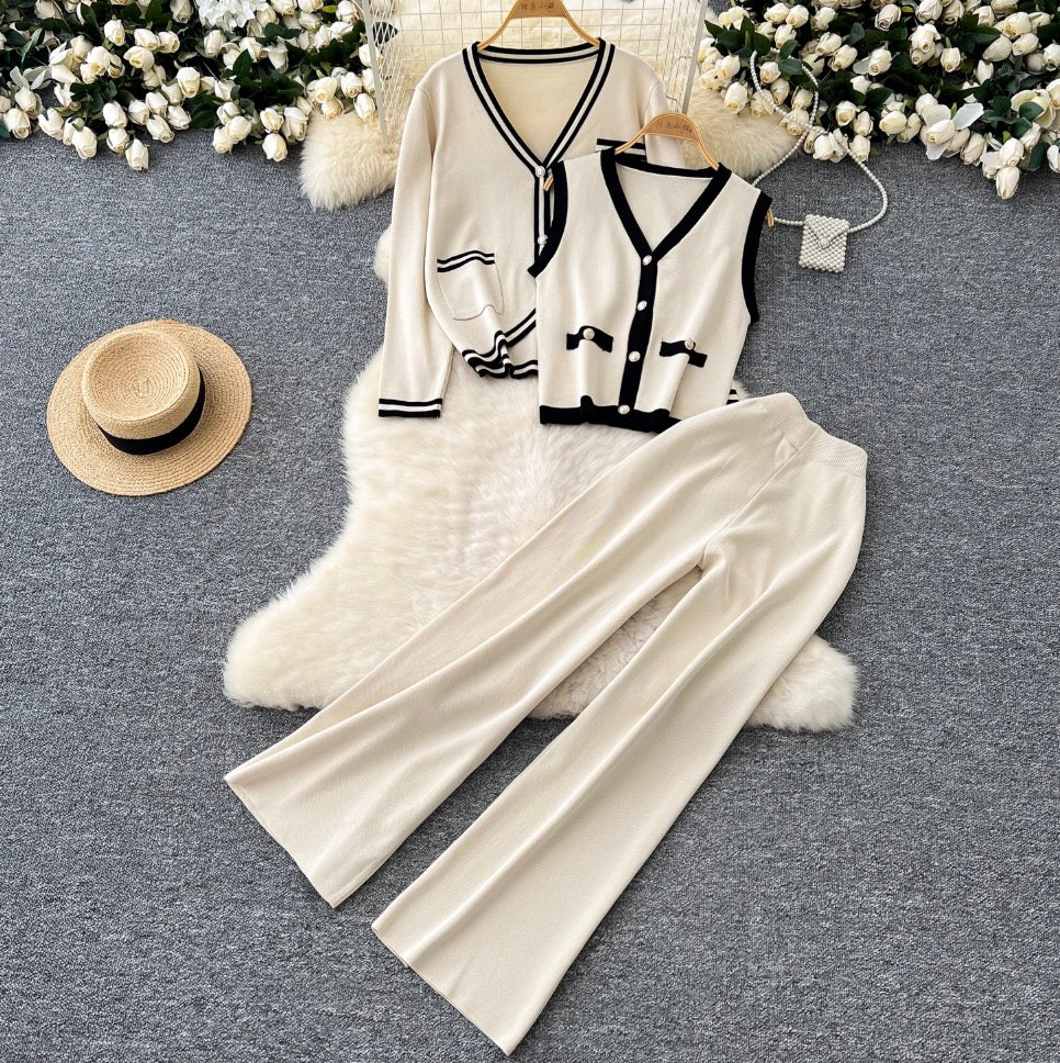 Color-blocking Cardigan & Vest & Trousers Knitted 3Pcs