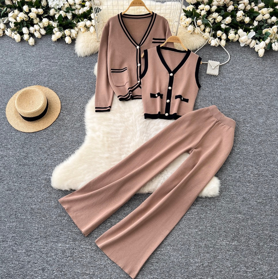 Color-blocking Cardigan & Vest & Trousers Knitted 3Pcs