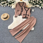 Color-blocking Cardigan & Vest & Trousers Knitted 3Pcs