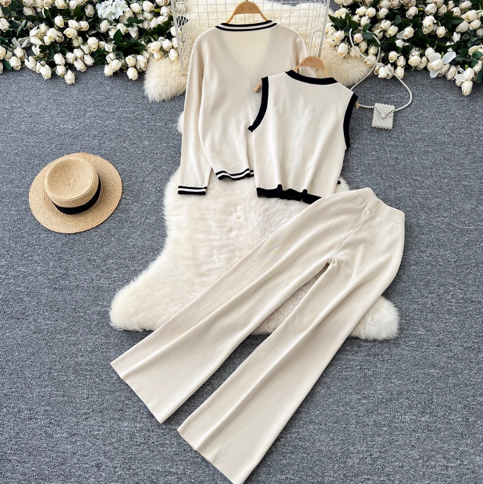 Color-blocking Cardigan & Vest & Trousers Knitted 3Pcs