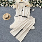 Color-blocking Cardigan & Vest & Trousers Knitted 3Pcs