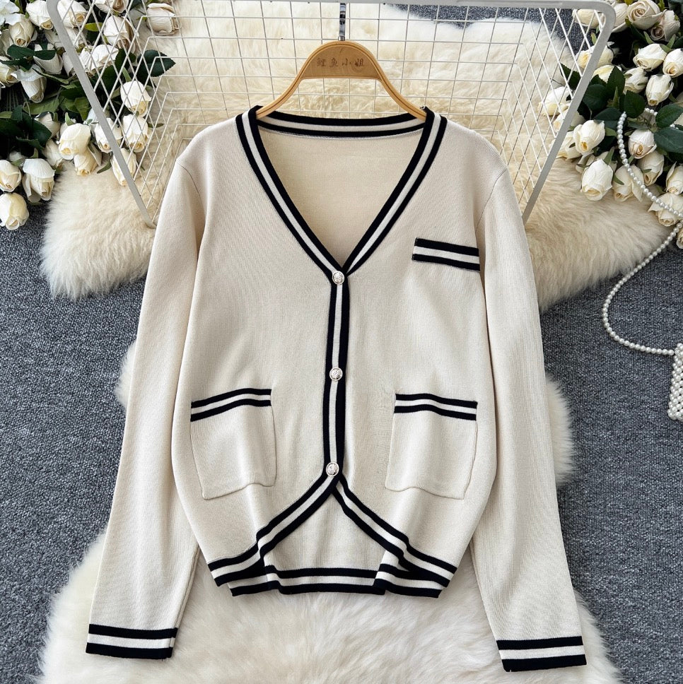 Color-blocking Cardigan & Vest & Trousers Knitted 3Pcs
