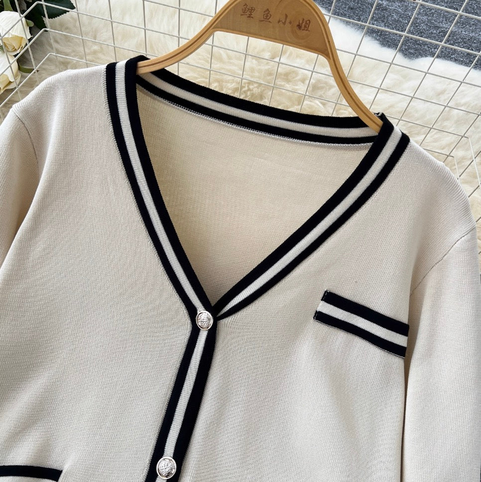 Color-blocking Cardigan & Vest & Trousers Knitted 3Pcs