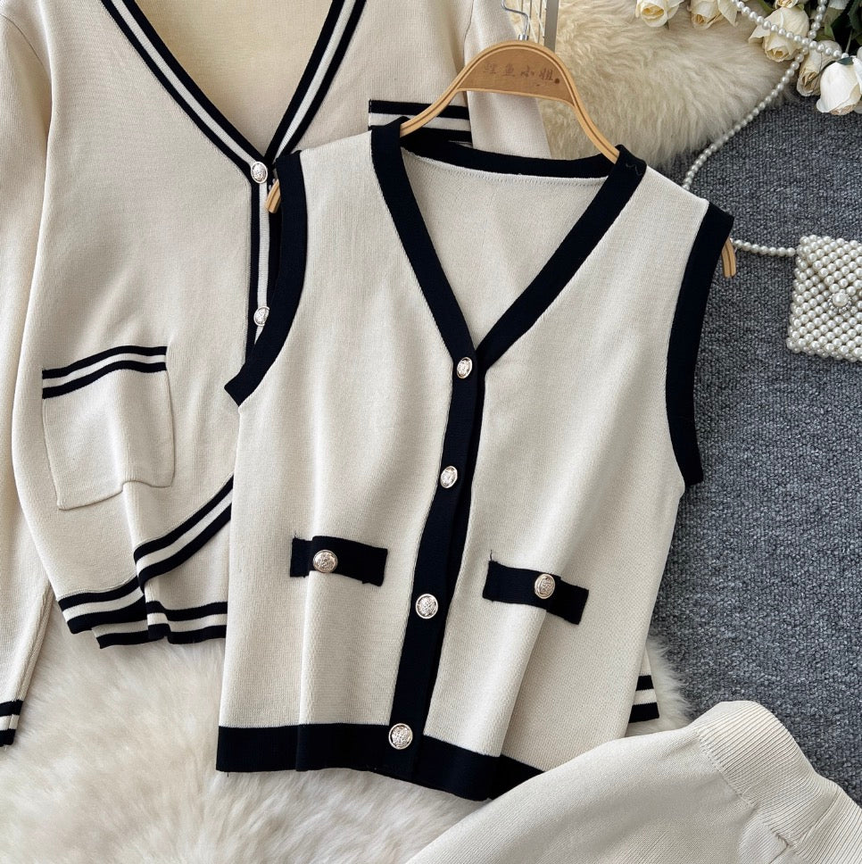 Color-blocking Cardigan & Vest & Trousers Knitted 3Pcs