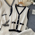 Color-blocking Cardigan & Vest & Trousers Knitted 3Pcs