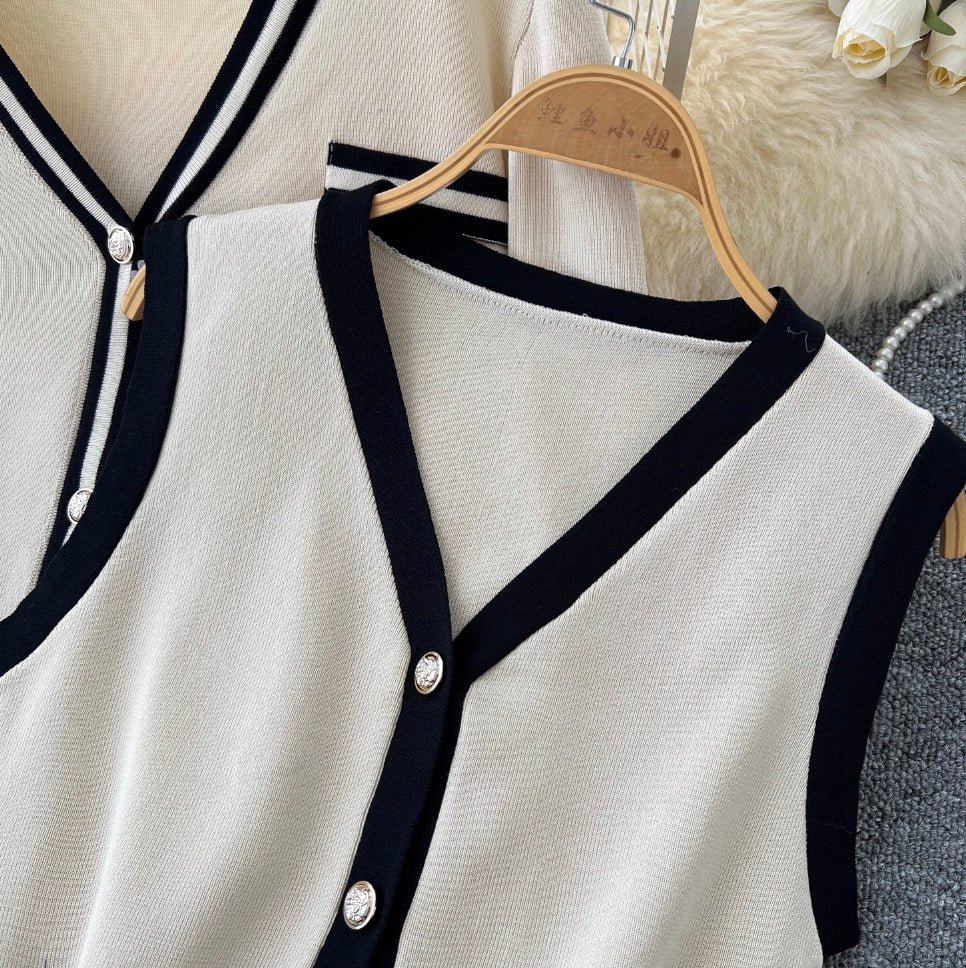 Color-blocking Cardigan & Vest & Trousers Knitted 3Pcs