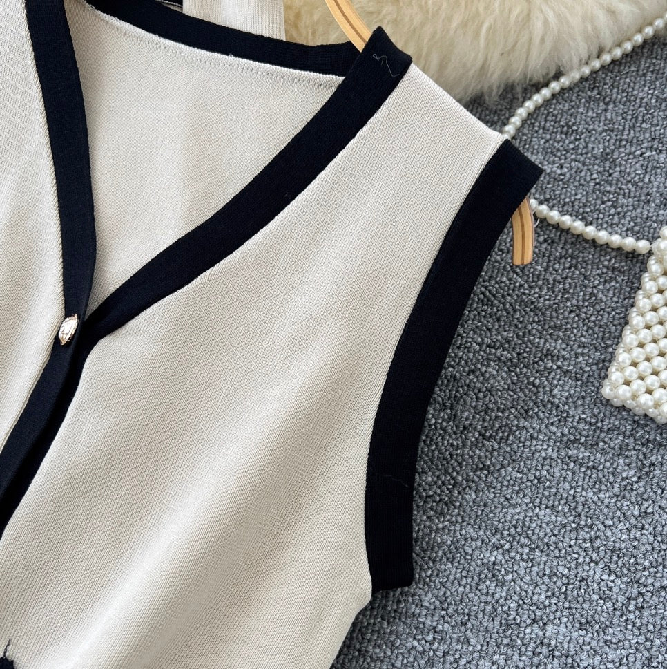 Color-blocking Cardigan & Vest & Trousers Knitted 3Pcs