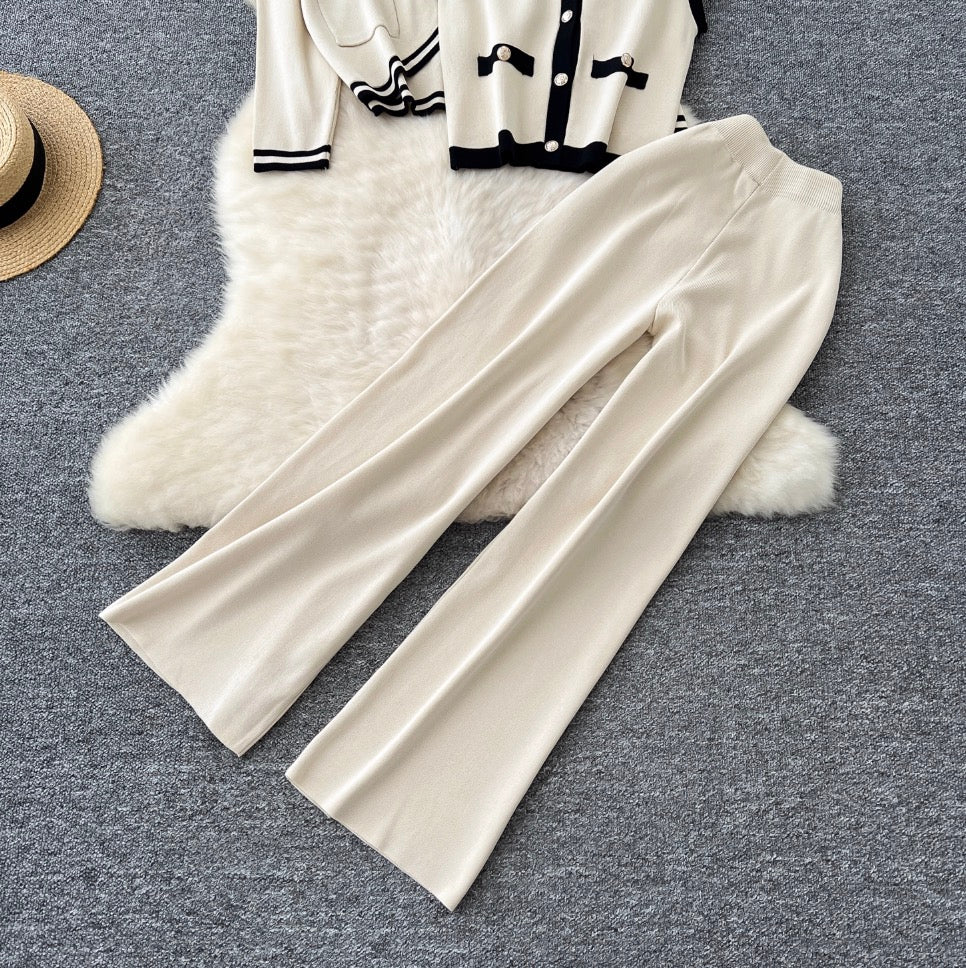Color-blocking Cardigan & Vest & Trousers Knitted 3Pcs