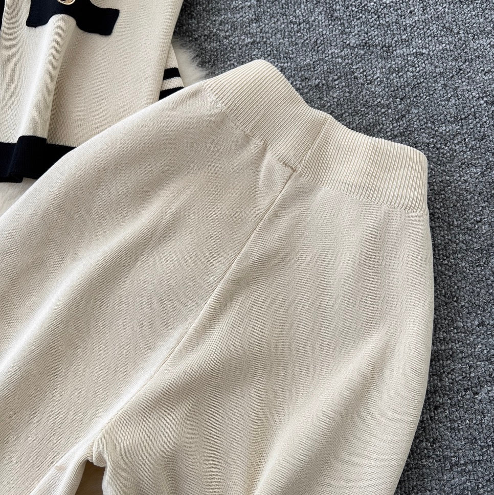 Color-blocking Cardigan & Vest & Trousers Knitted 3Pcs