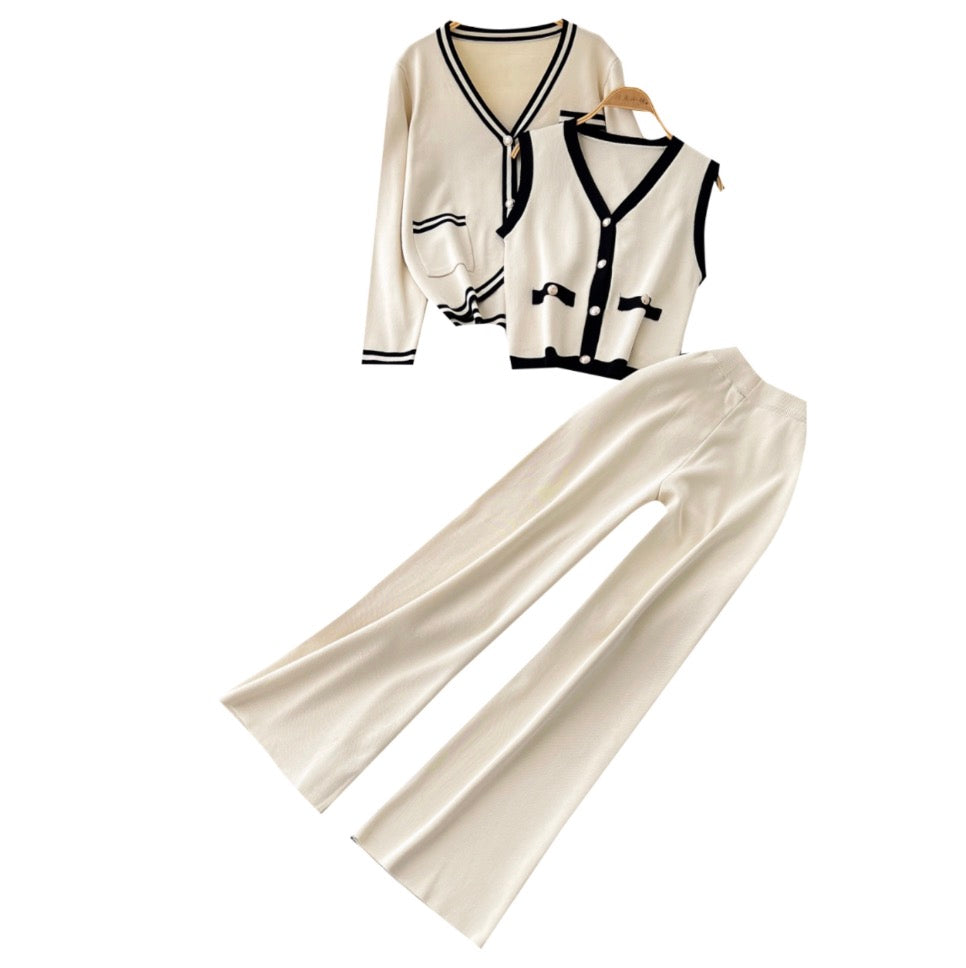 Color-blocking Cardigan & Vest & Trousers Knitted 3Pcs