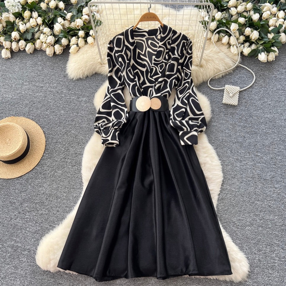 V-neck Print Satin Patchwork Dress