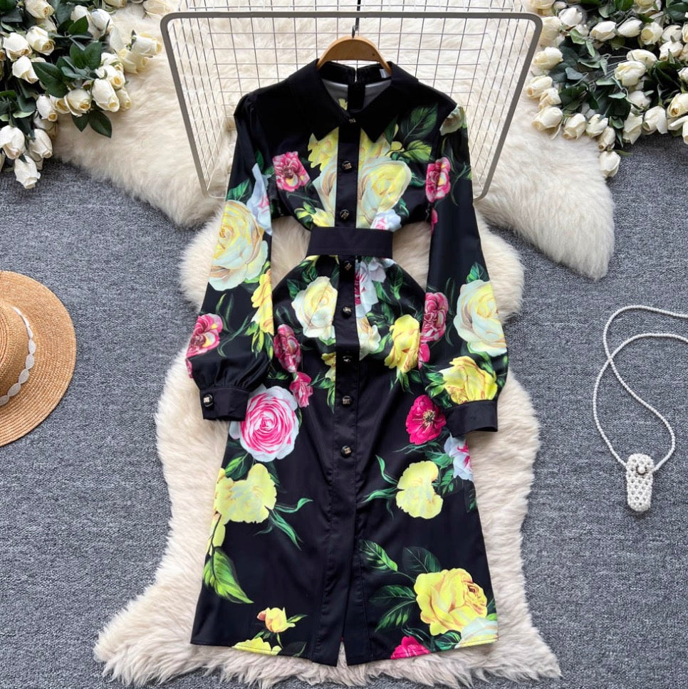 Color Floral Print Black Shirt Dress