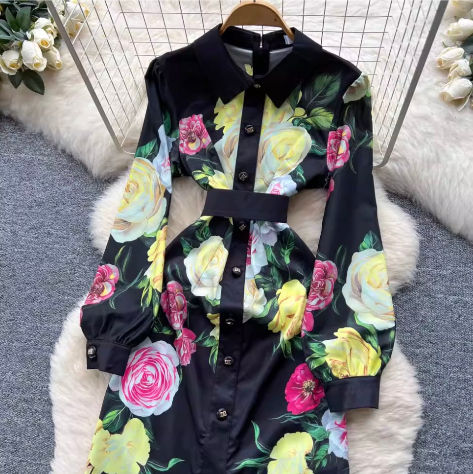 Color Floral Print Black Shirt Dress