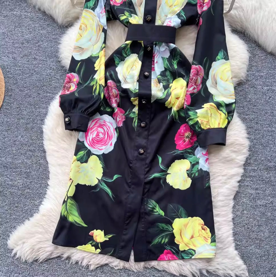 Color Floral Print Black Shirt Dress