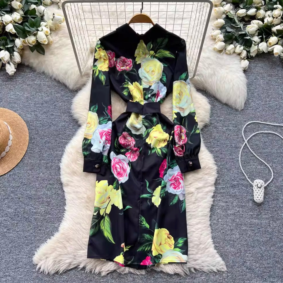 Color Floral Print Black Shirt Dress