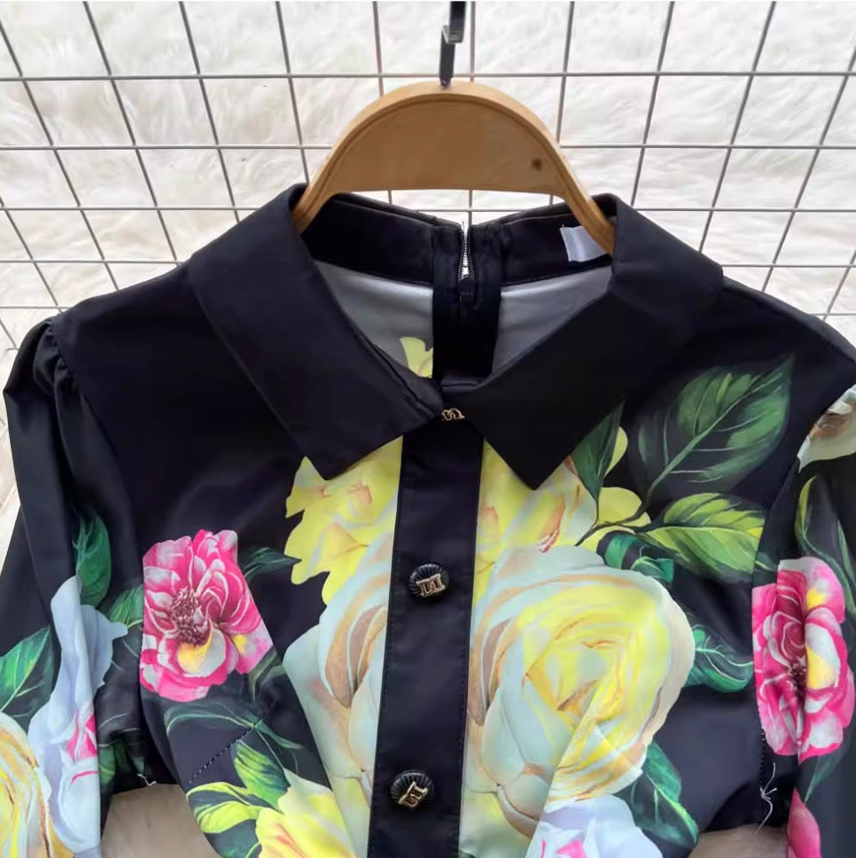 Color Floral Print Black Shirt Dress
