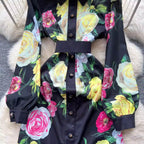 Color Floral Print Black Shirt Dress