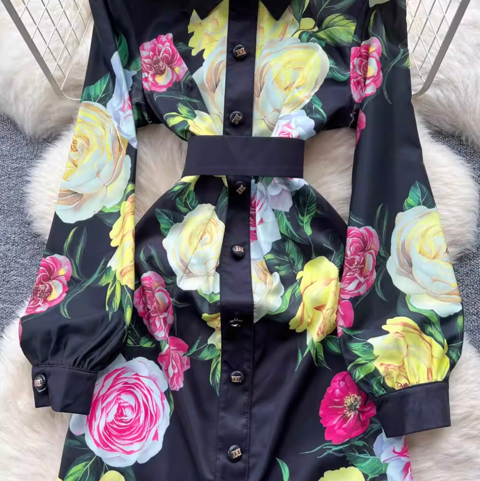 Color Floral Print Black Shirt Dress