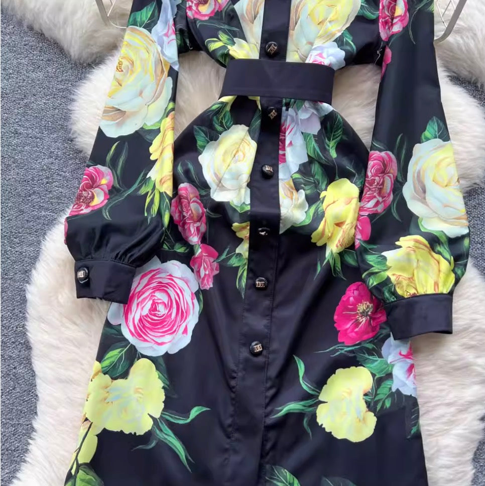 Color Floral Print Black Shirt Dress