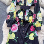 Color Floral Print Black Shirt Dress