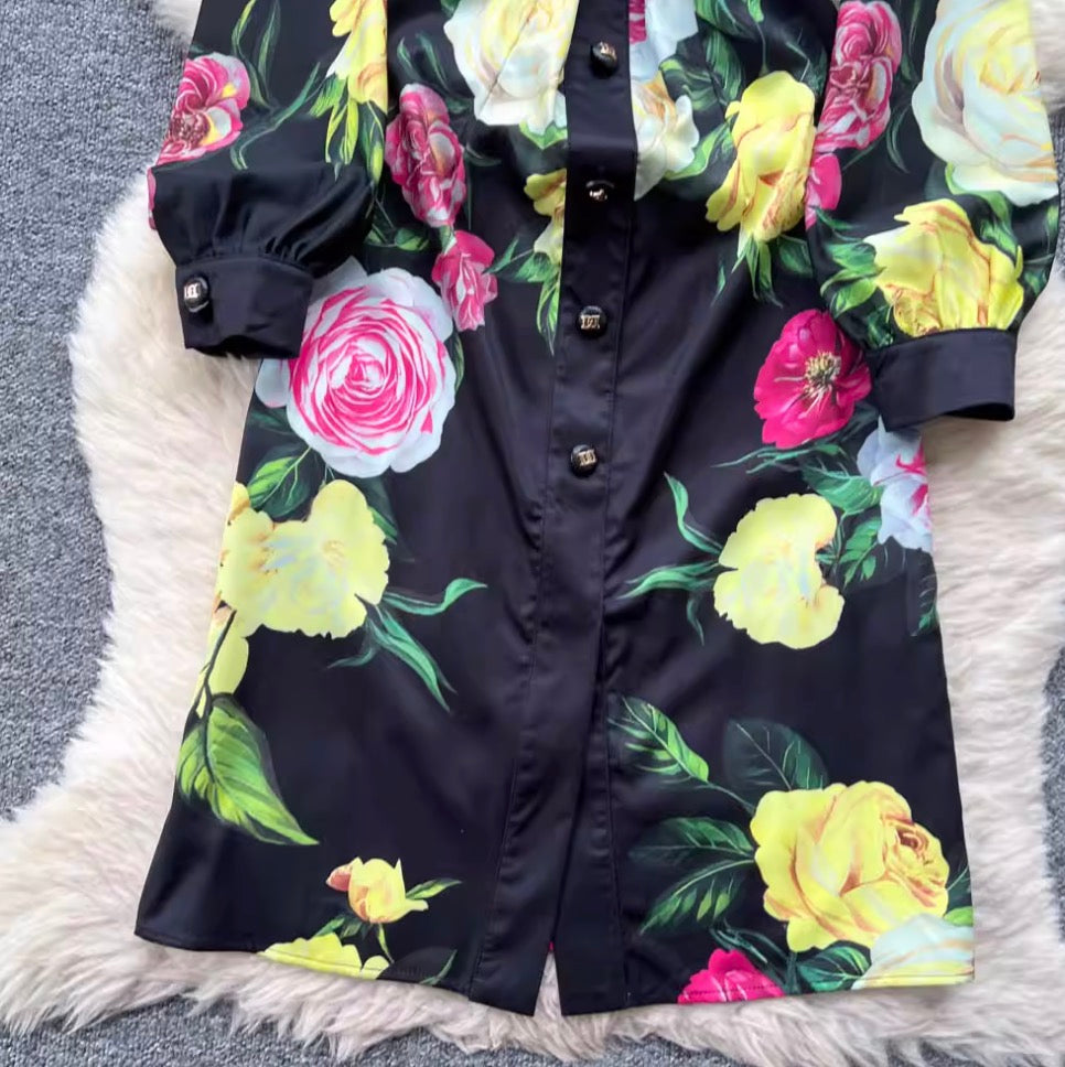 Color Floral Print Black Shirt Dress
