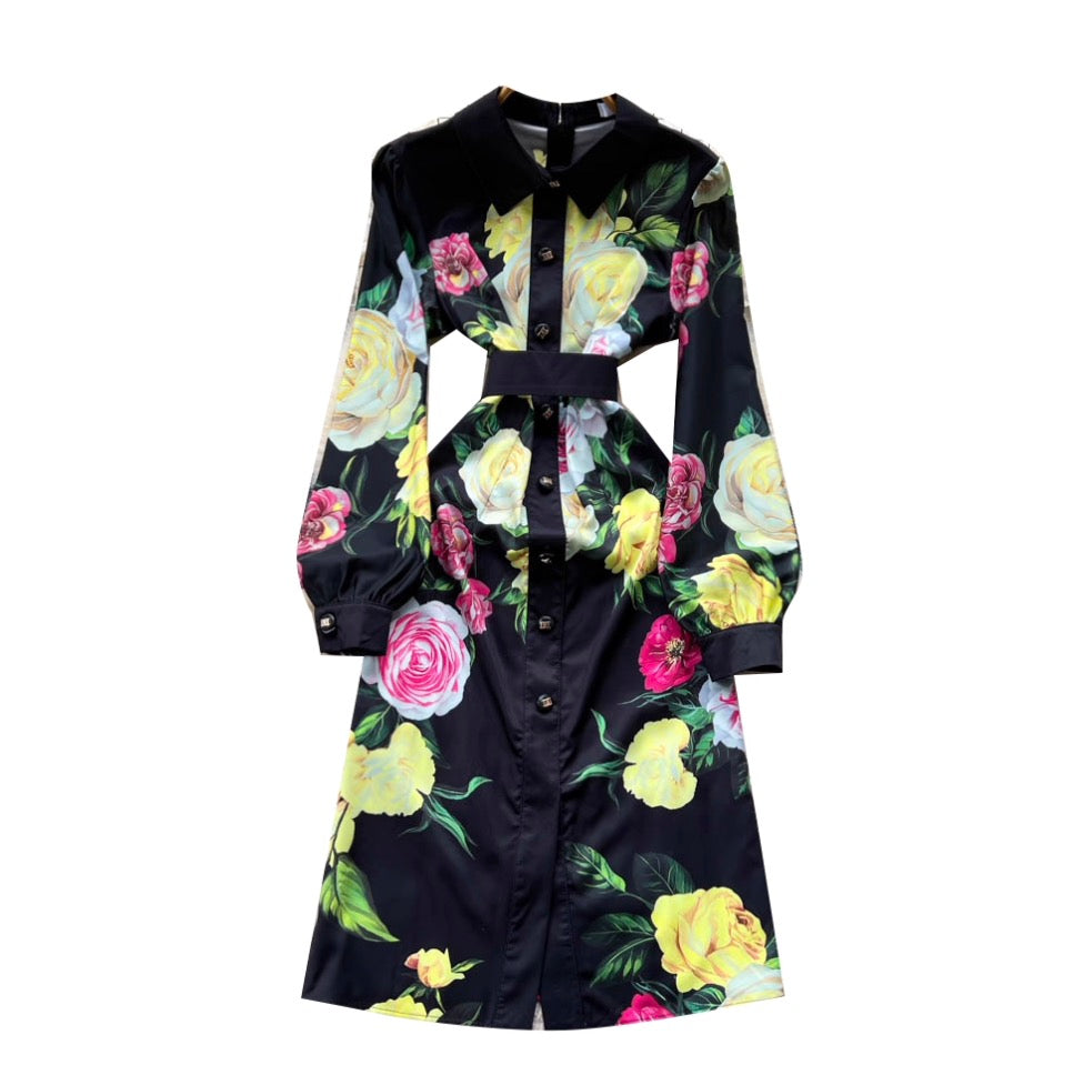 Color Floral Print Black Shirt Dress