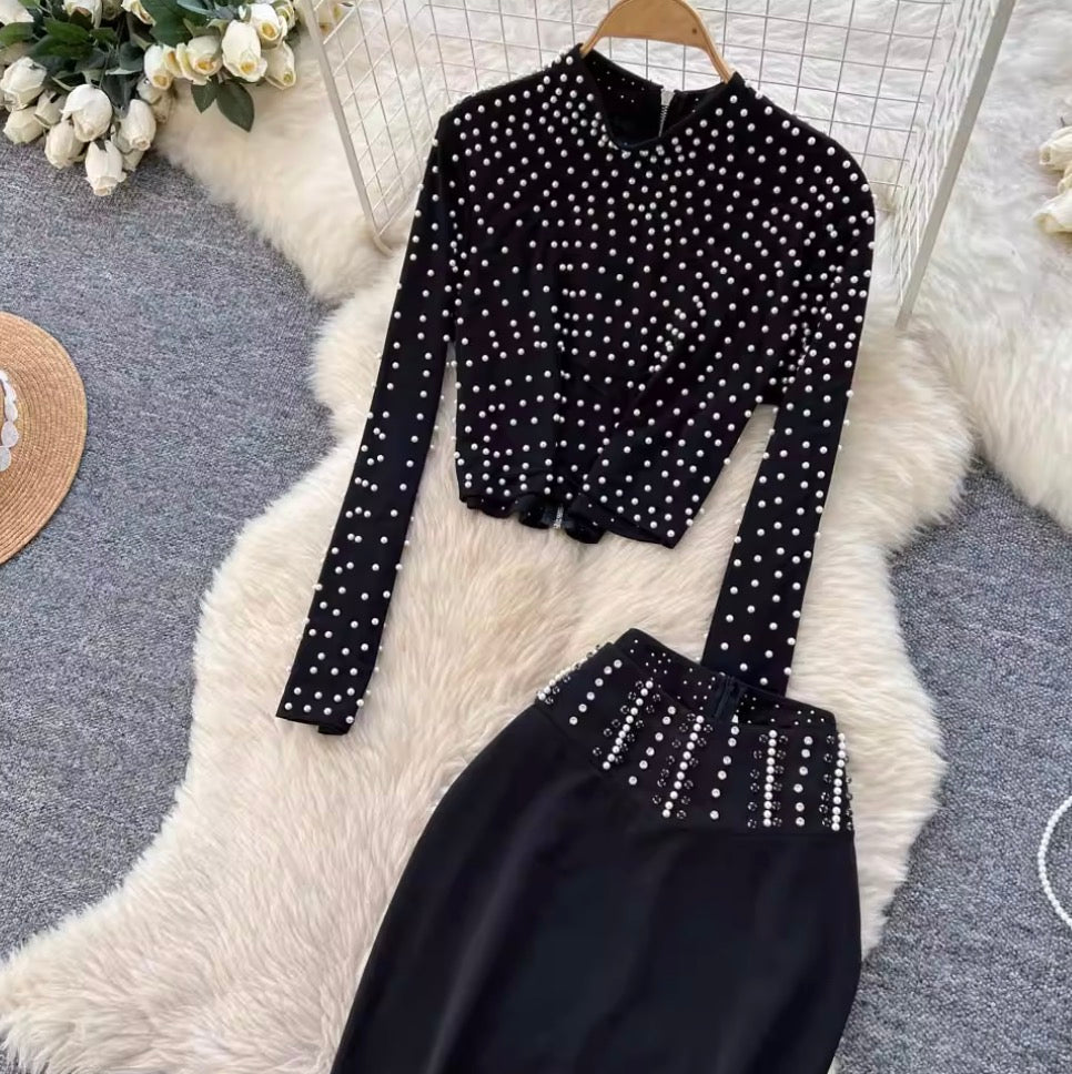Beaded T-shirt & Hip-wrapping Skirt 2Pcs
