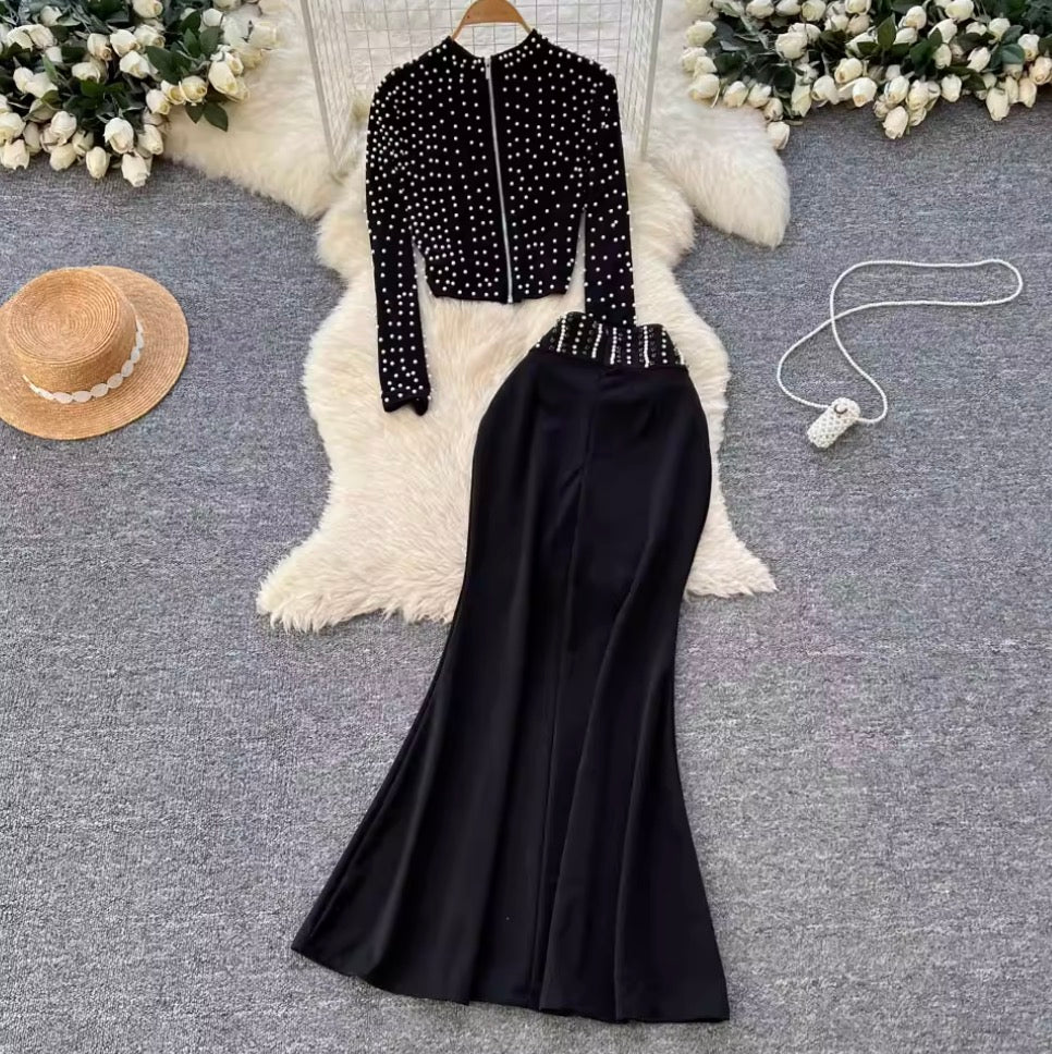 Beaded T-shirt & Hip-wrapping Skirt 2Pcs