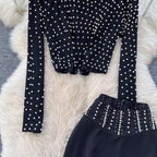 Beaded T-shirt & Hip-wrapping Skirt 2Pcs