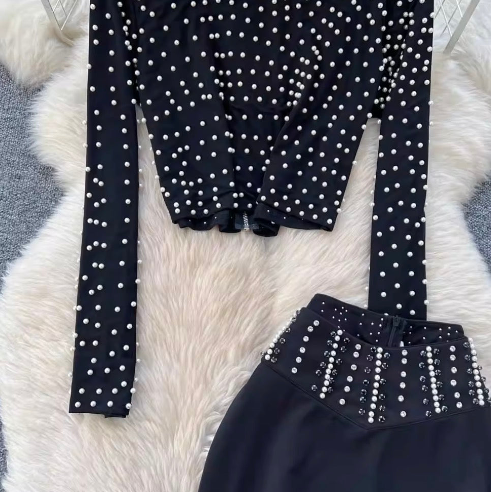 Beaded T-shirt & Hip-wrapping Skirt 2Pcs