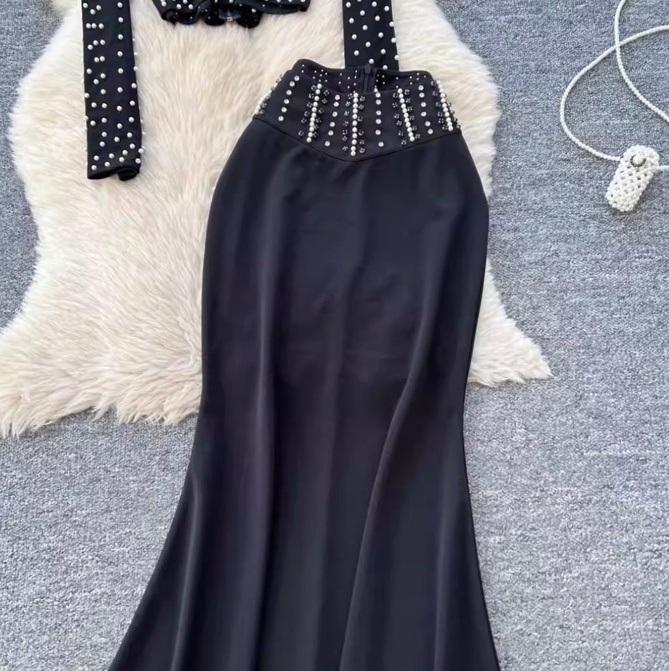 Beaded T-shirt & Hip-wrapping Skirt 2Pcs