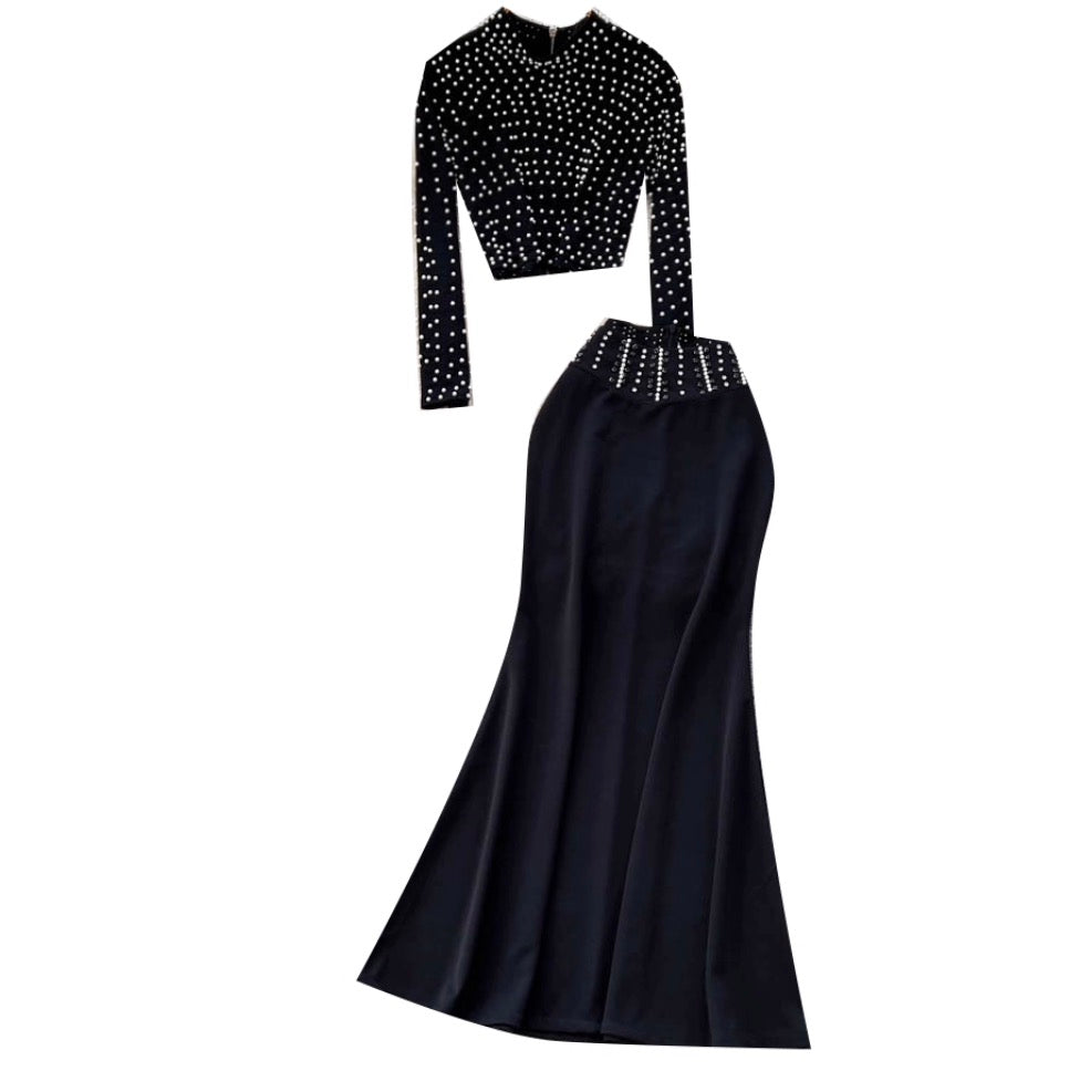 Beaded T-shirt & Hip-wrapping Skirt 2Pcs