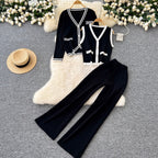 Color-blocking Cardigan & Vest & Trousers Knitted 3Pcs