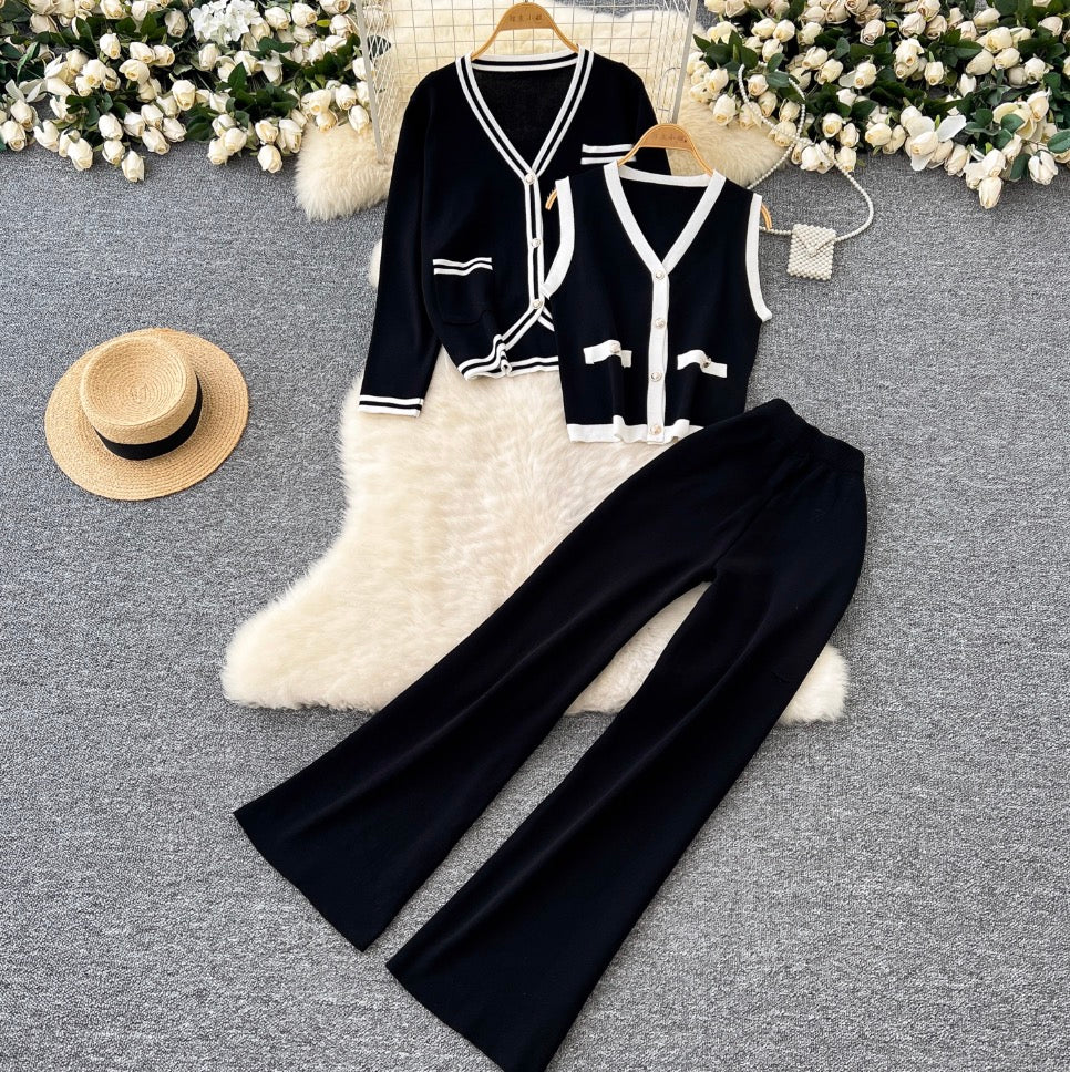 Color-blocking Cardigan & Vest & Trousers Knitted 3Pcs