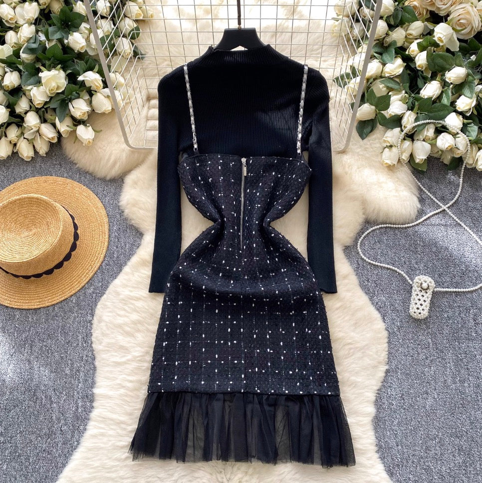 Mesh Patchwork Slip Dress & Sweater 2Pcs
