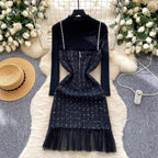 Mesh Patchwork Slip Dress & Sweater 2Pcs