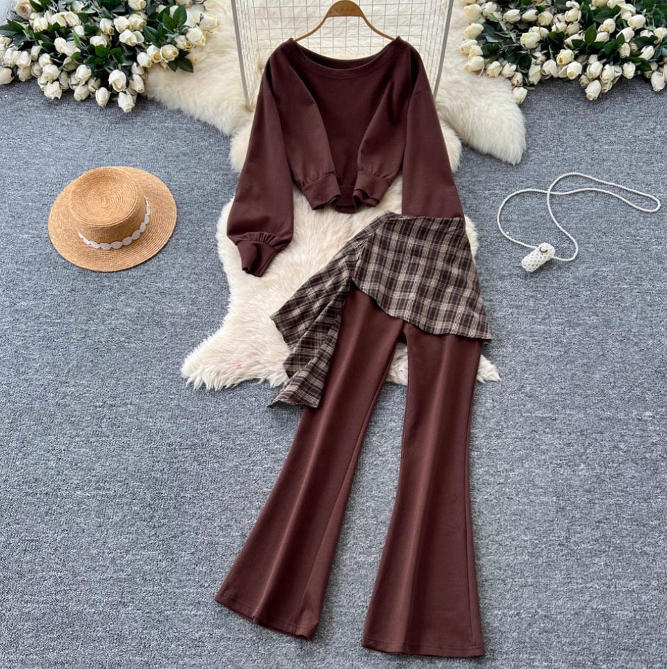 Sweatshirt & Plaid Flared Trousers 2Pcs