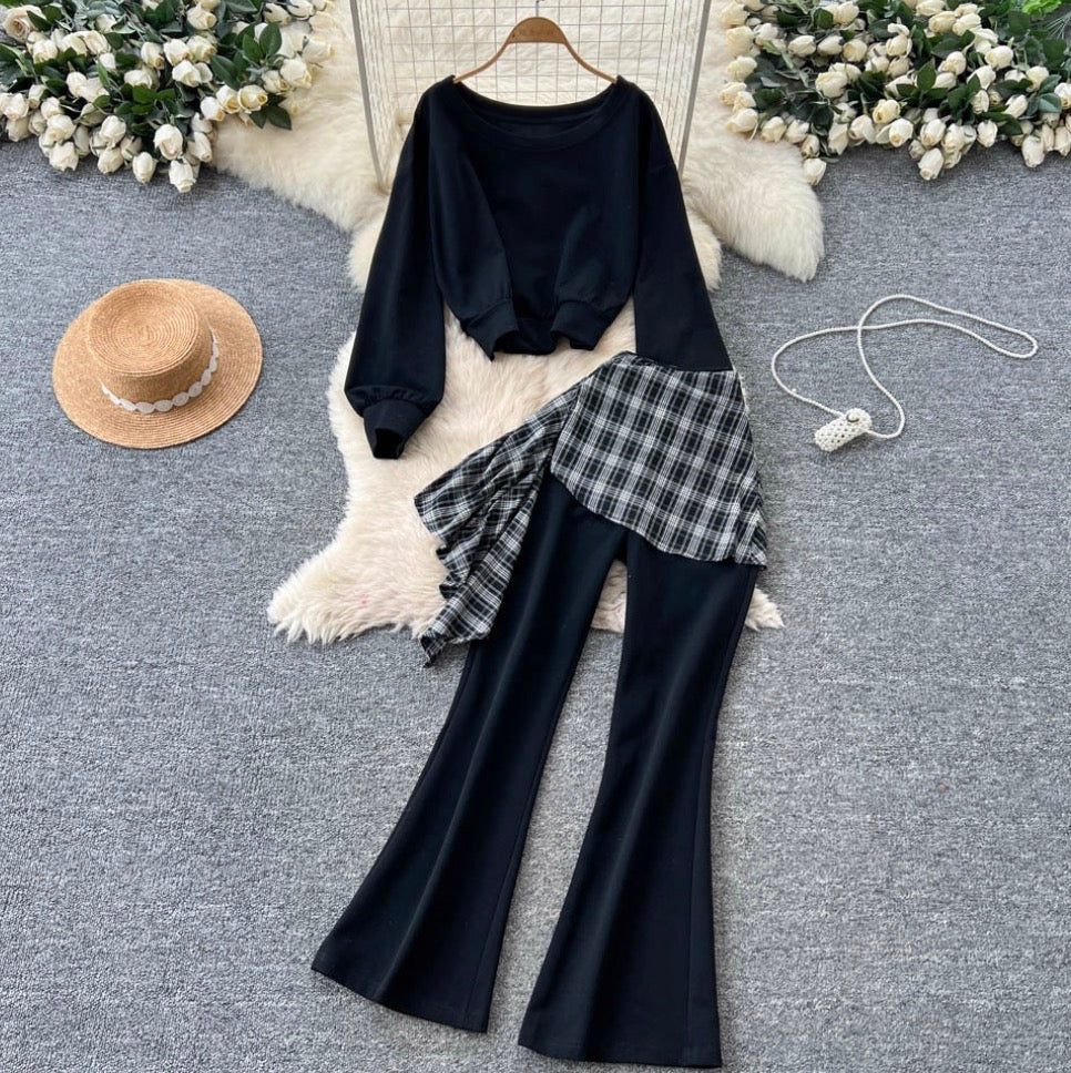Sweatshirt & Plaid Flared Trousers 2Pcs