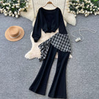 Sweatshirt & Plaid Flared Trousers 2Pcs