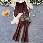 Sweatshirt & Plaid Flared Trousers 2Pcs