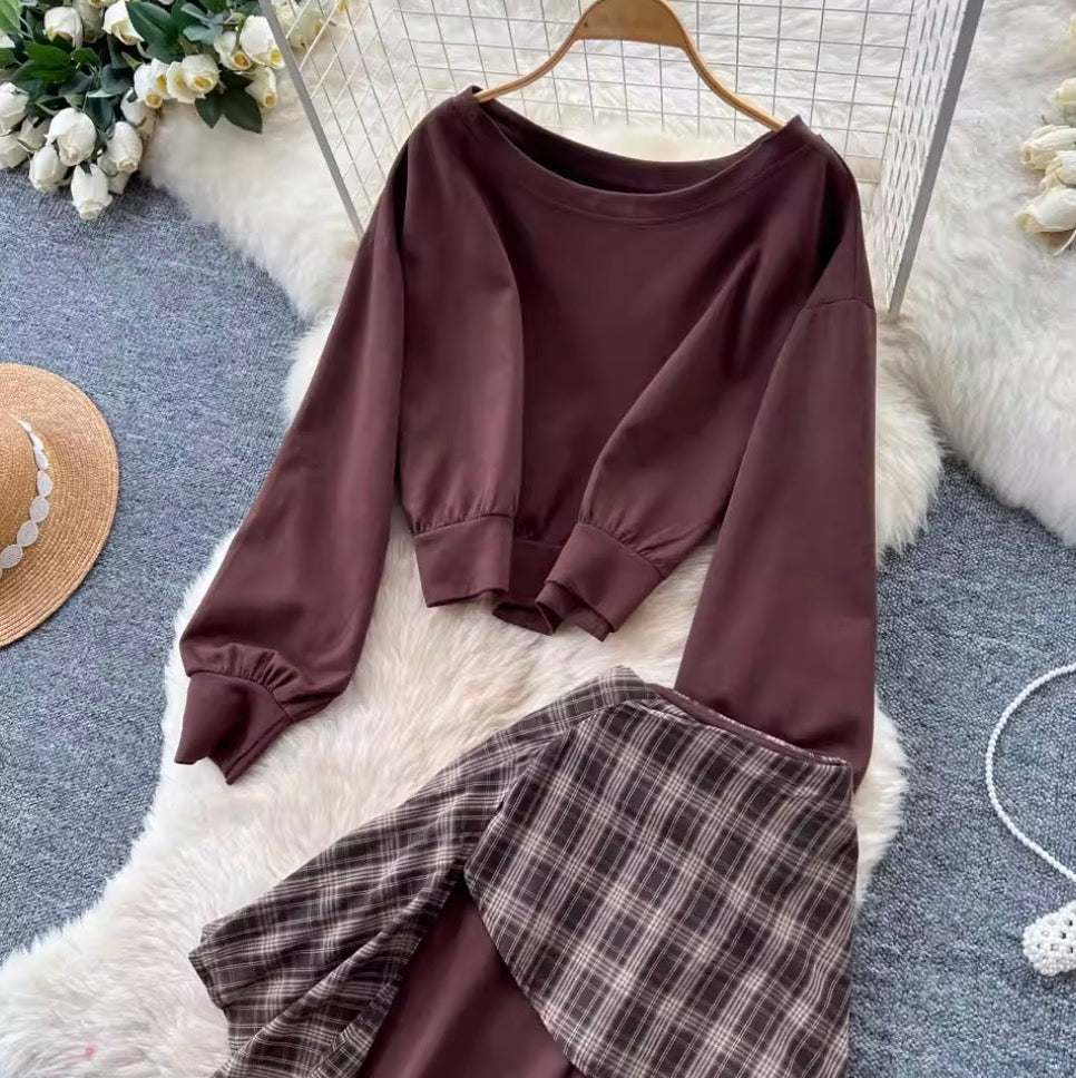 Sweatshirt & Plaid Flared Trousers 2Pcs
