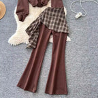 Sweatshirt & Plaid Flared Trousers 2Pcs
