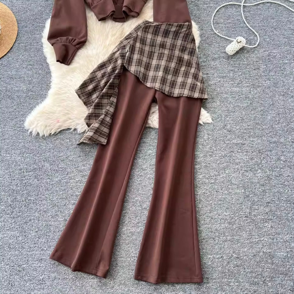 Sweatshirt & Plaid Flared Trousers 2Pcs