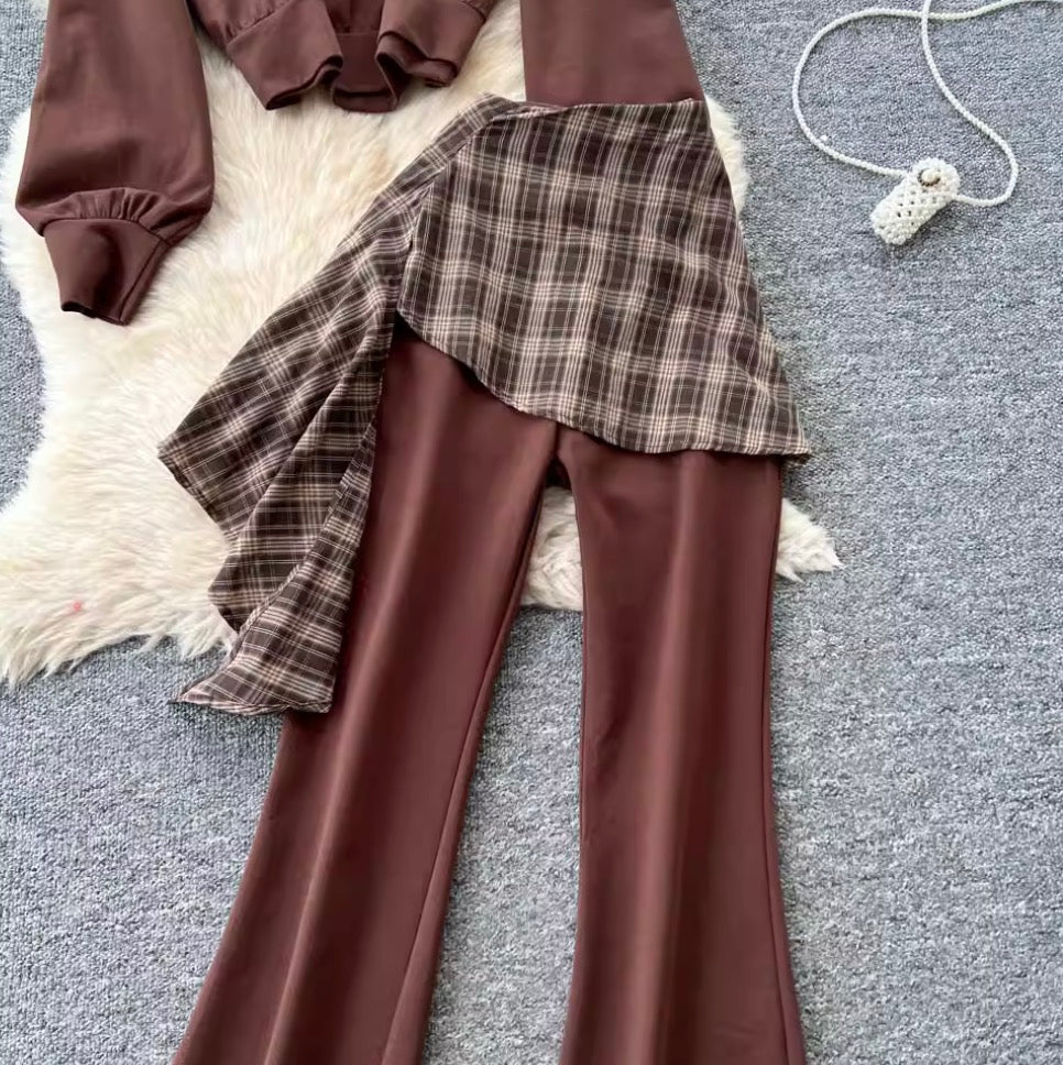 Sweatshirt & Plaid Flared Trousers 2Pcs