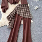 Sweatshirt & Plaid Flared Trousers 2Pcs