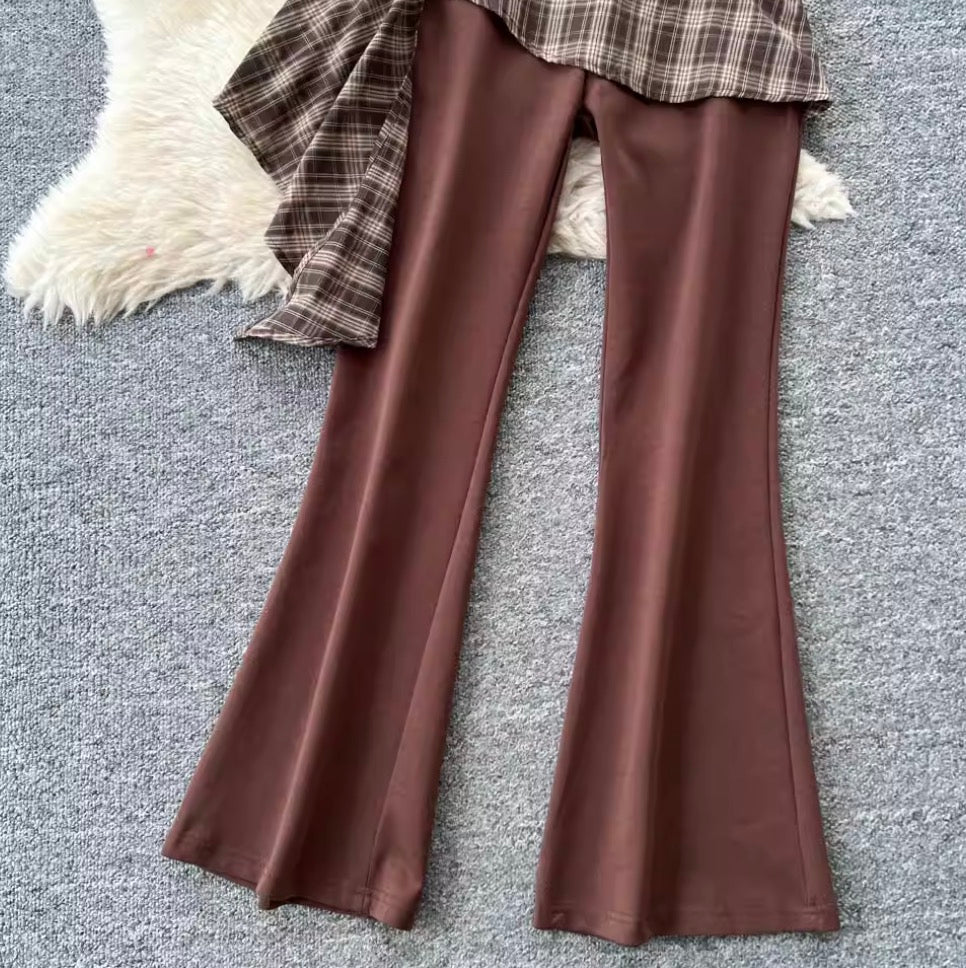 Sweatshirt & Plaid Flared Trousers 2Pcs