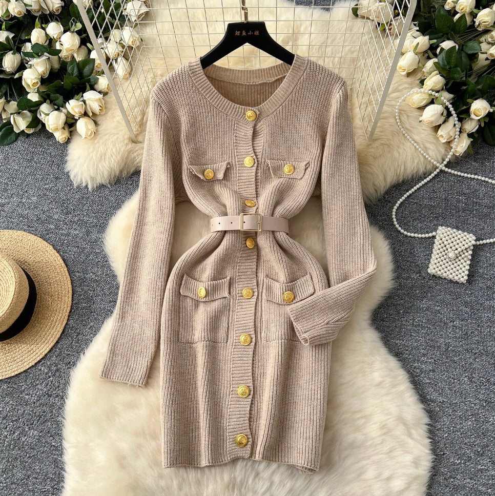 Round Collar Cardigan Dress with Belt