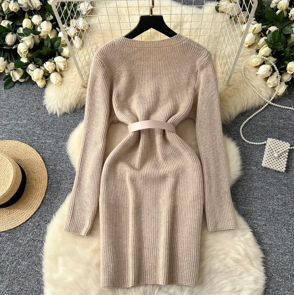Round Collar Cardigan Dress with Belt