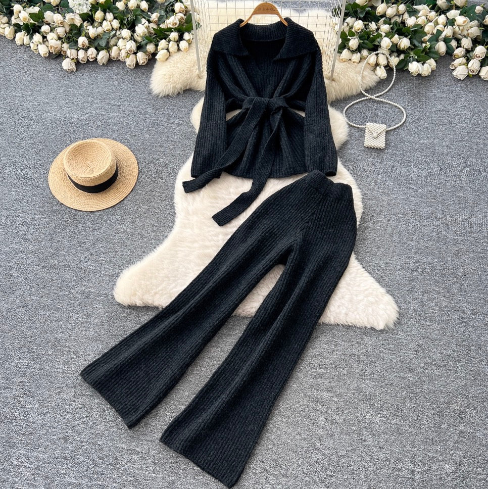Lapeled Knitwear & Trousers Thermal 2Pcs